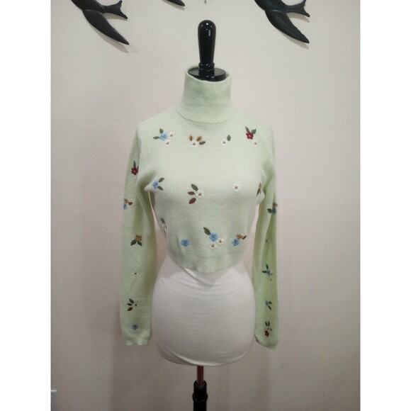 NWOT Zara Mint Green Wool Blend Floral Embroidered Mock Neck Sweater ~ L - Picture 8 of 12